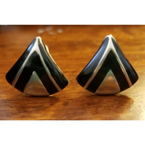 Avon Jewelry - Vintage AVON Art-Deco Style Black & Gold-Tone Enameled Triangle Clip-on Earrings